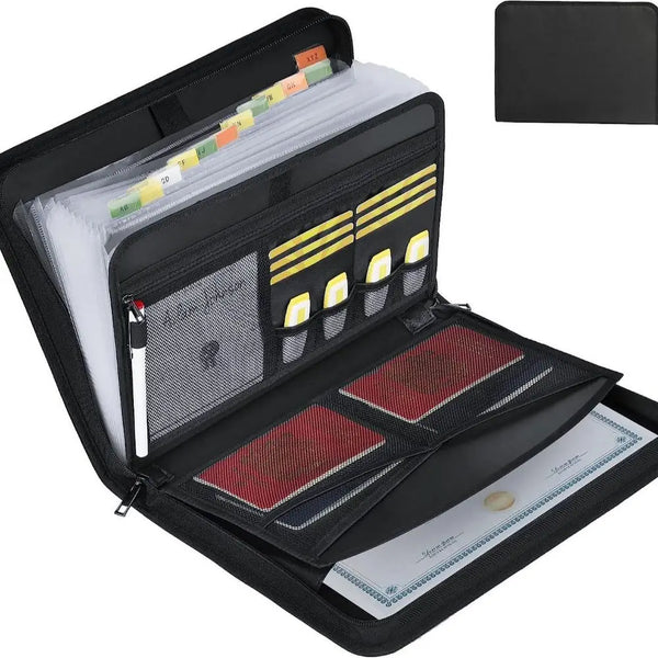 A black fireproof expanding file folder organizer with clear pockets and red accents.