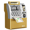 A gold and silver automatic digital money box for kids with a display and coin slot.