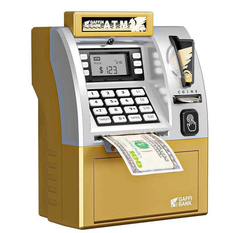 A gold and silver automatic digital money box for kids with a display and coin slot.