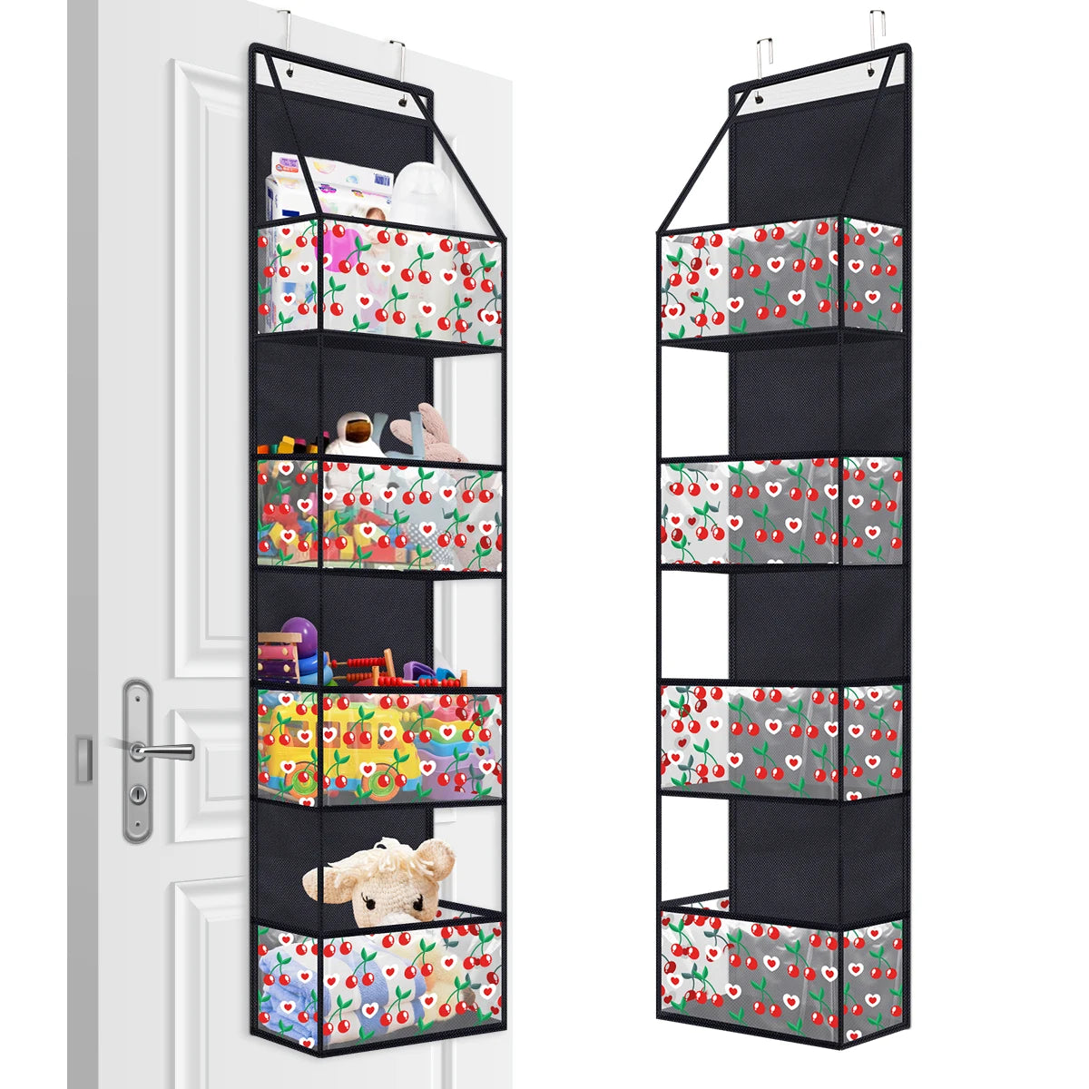 A tall, multi-layer black door organizer with various compartments for storing small items.