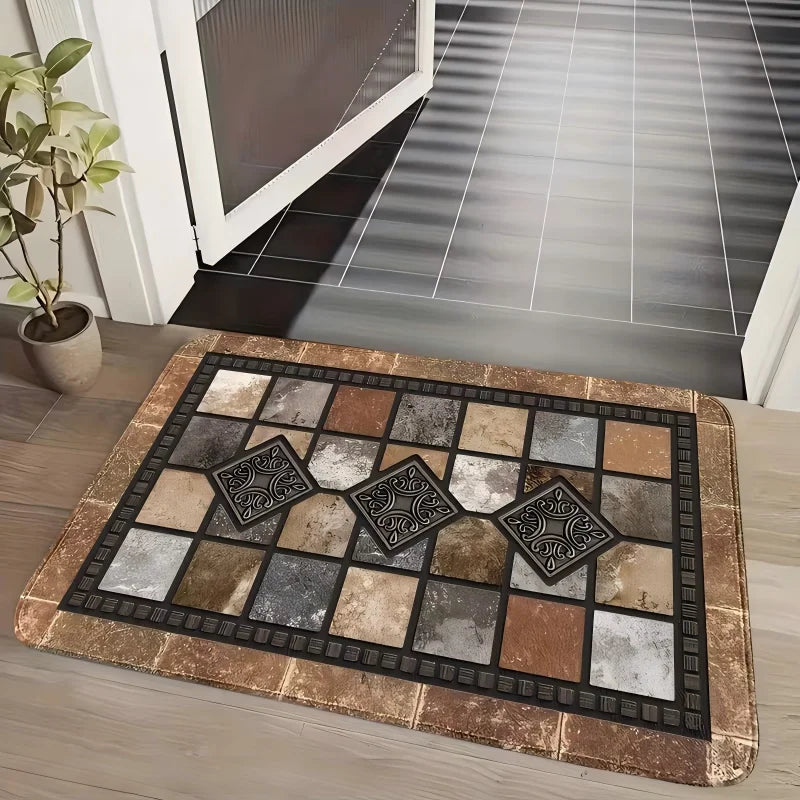 Reißer Teppich mit geometrischen Mustern in Erdtönen und Grau, innen ausgestellt.