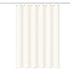 A beige waffle pattern shower curtain with a weighted hem hanging from a rod.