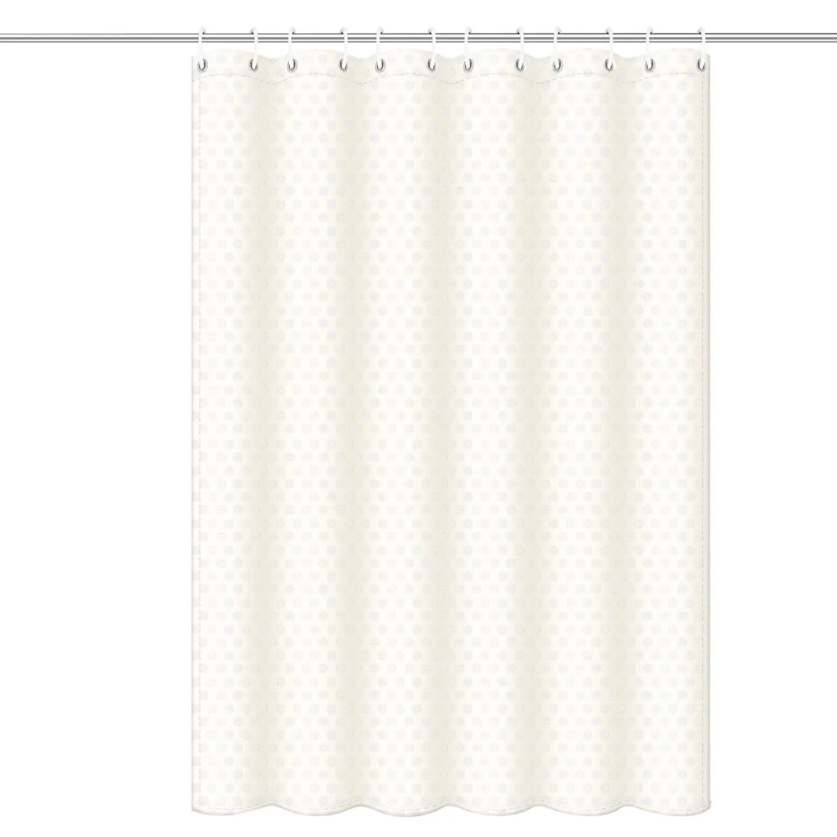 A beige waffle pattern shower curtain with a weighted hem hanging from a rod.