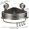 A stainless steel triangular suction cup storage shelf with a wire hanger and two suction cups.