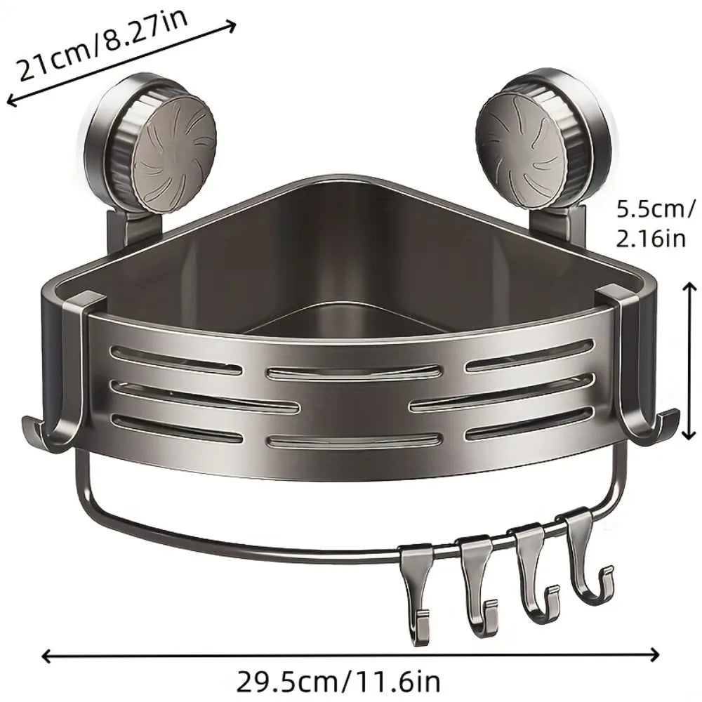 A stainless steel triangular suction cup storage shelf with a wire hanger and two suction cups.