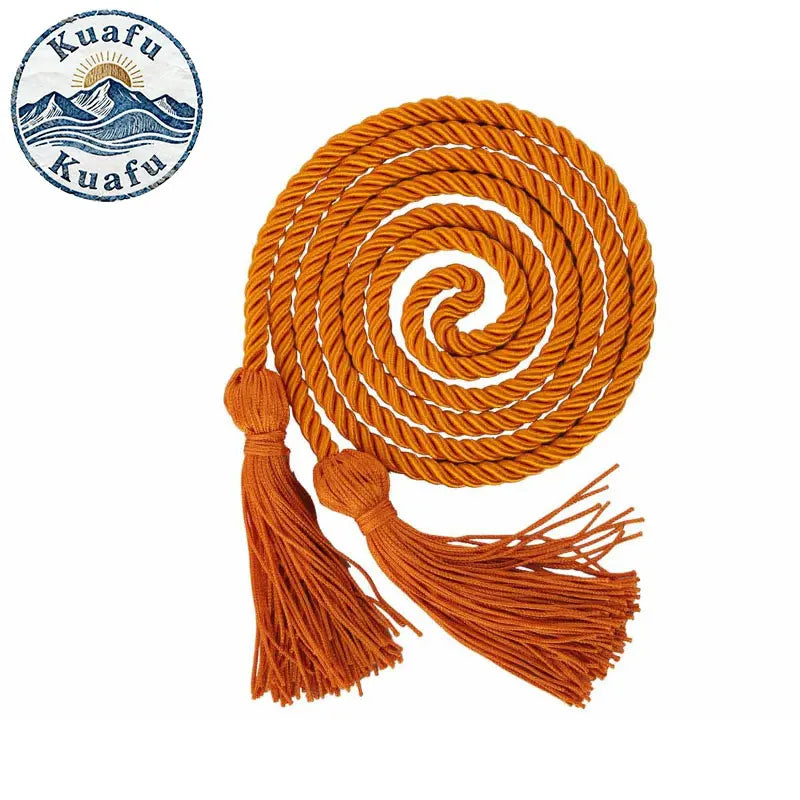 Orange graduation honor cord with tassel ends coiled and displayed next to a circular logo.