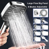 A hand is holding a large flow big panel handheld shower head spraying water onto a palm.