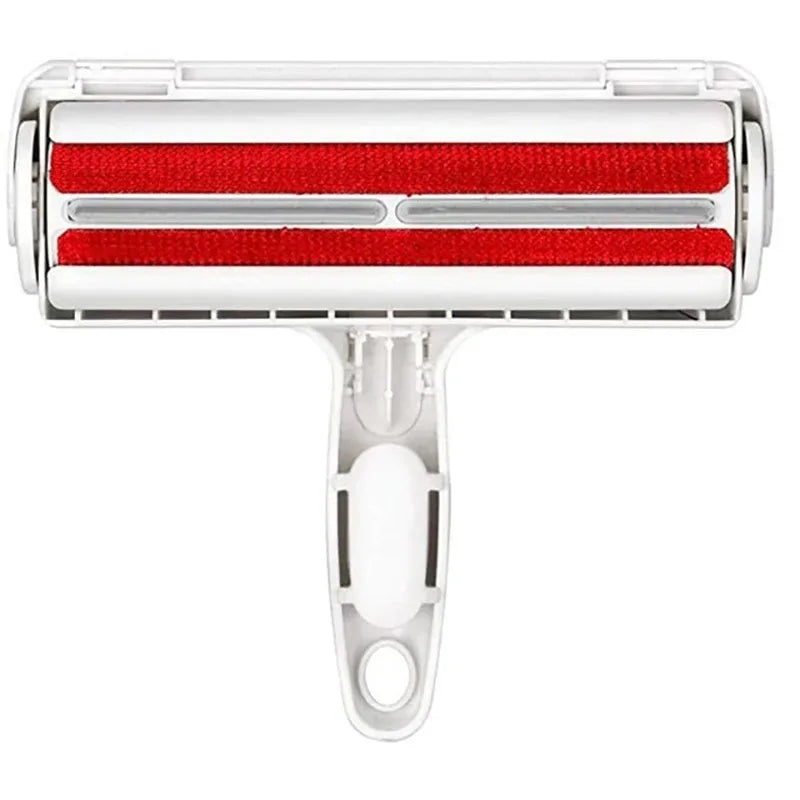 A white pet hair remover roller with red bristles and a handle.