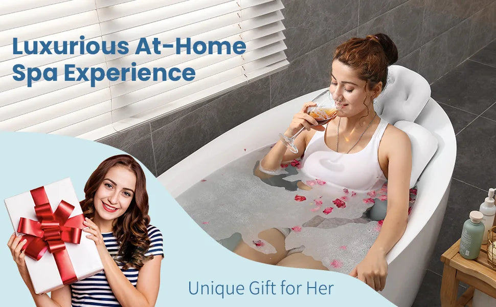 Eine Frau entspannt sich in einer weißen Badewanne mit Wasser und Rosenblättern für ein luxuriöses Spa-Erlebnis zu Hause.