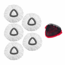 Four white replacement mop heads with black triangular inserts and one red brush head.
