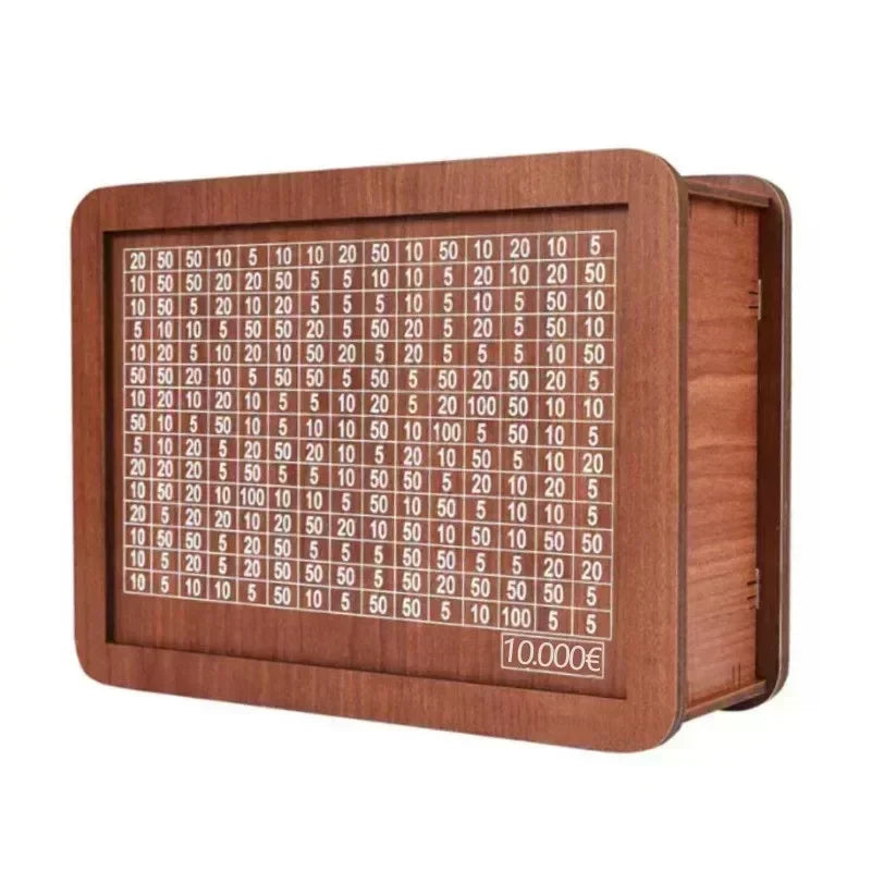 A wooden piggy bank with slots for coins, showing various denominations of Euro currency.