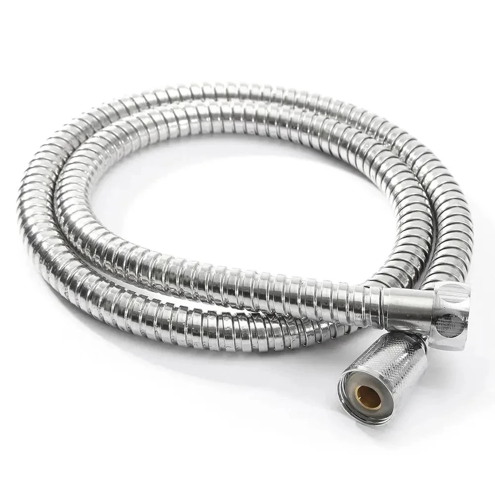 A coiled flexible stainless steel shower hose with a metal connector end.