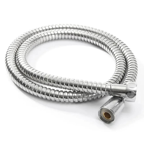 A coiled flexible stainless steel shower hose with a metal connector end.