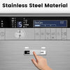A hand is pressing a button on a stainless steel dishwasher panel with the text DISP CLEAN visible.