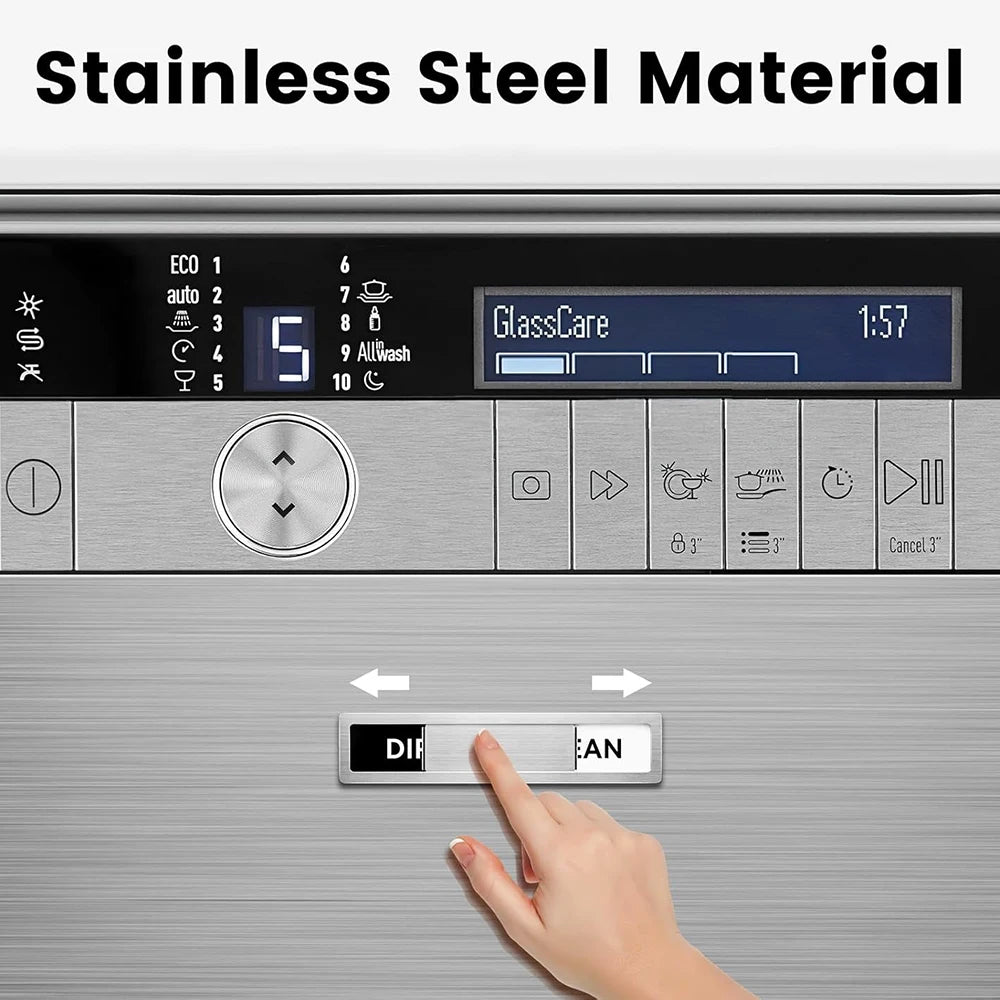 A hand is pressing a button on a stainless steel dishwasher panel with the text DISP CLEAN visible.