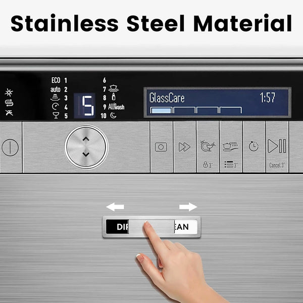 A hand is pressing a button on a stainless steel dishwasher panel with the text DISP CLEAN visible.