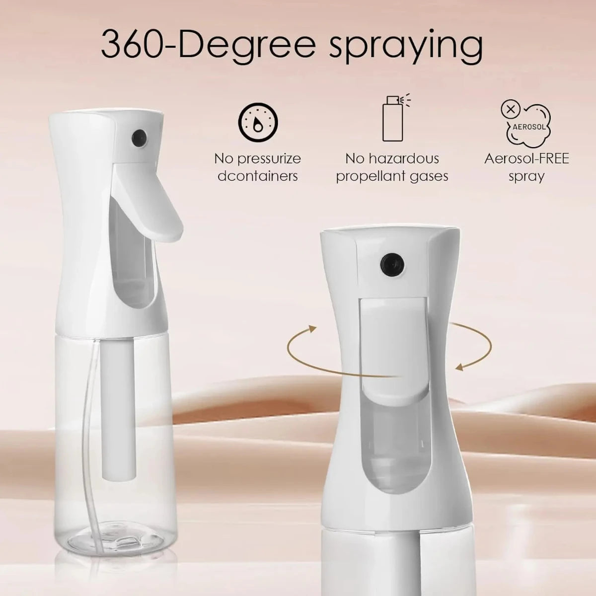 A white 360-degree spraying bottle for hair and makeup, shown in a clear dispenser.