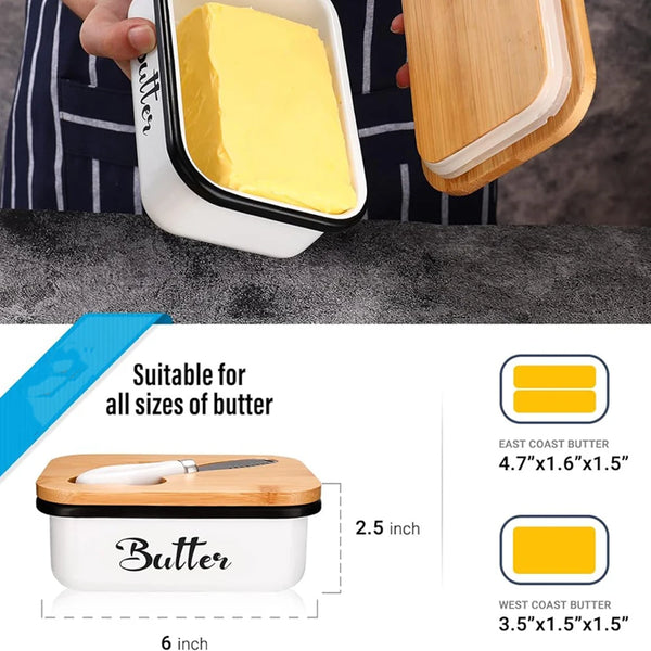 A white metal butter dish is shown next to a yellow butter block, demonstrating its suitability for various sizes of butter.