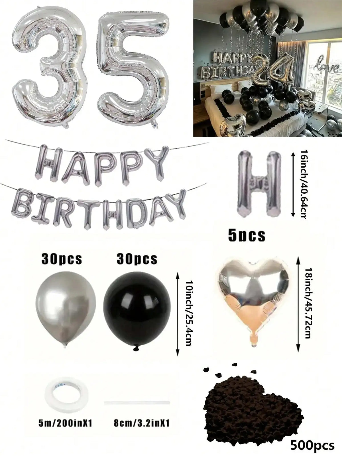 Un juego de globos con números de papel de aluminio plateado en forma de corazón y una decoración de corazón de chocolate par