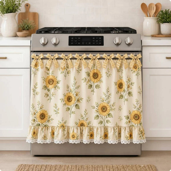 Farmhouse floral oven door skirt featuring yellow and green botanicals on a beige background.