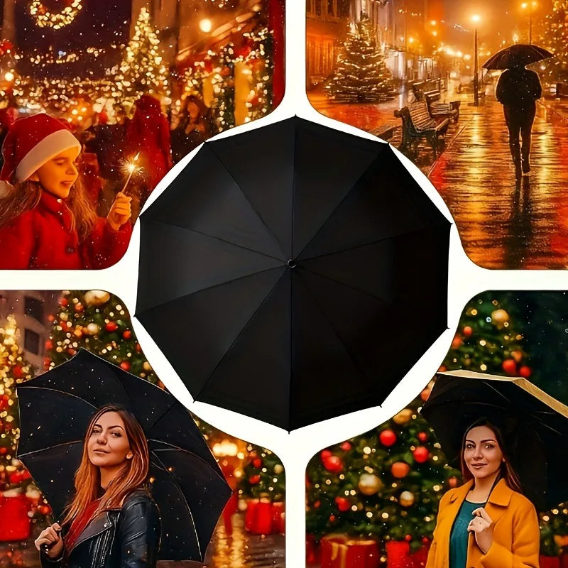 A collage showing people using a black folding umbrella in various holiday and outdoor settings.