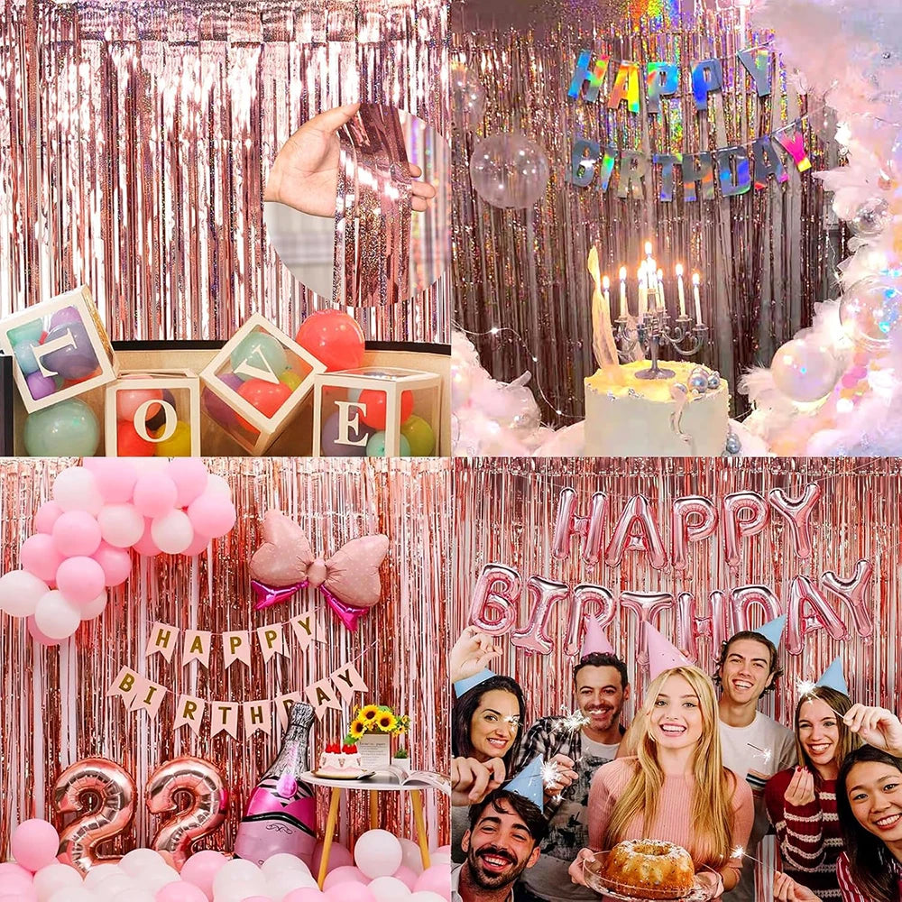 A festive birthday backdrop featuring rose gold foil tinsel fringe curtains, balloons, candles, and smiling people.