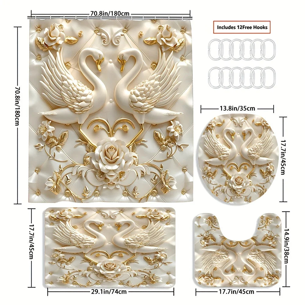 Ein Set luxuriöser Blumendekoration für das Badezimmer mit weißen Keramikdesigns und goldenen Akzenten.