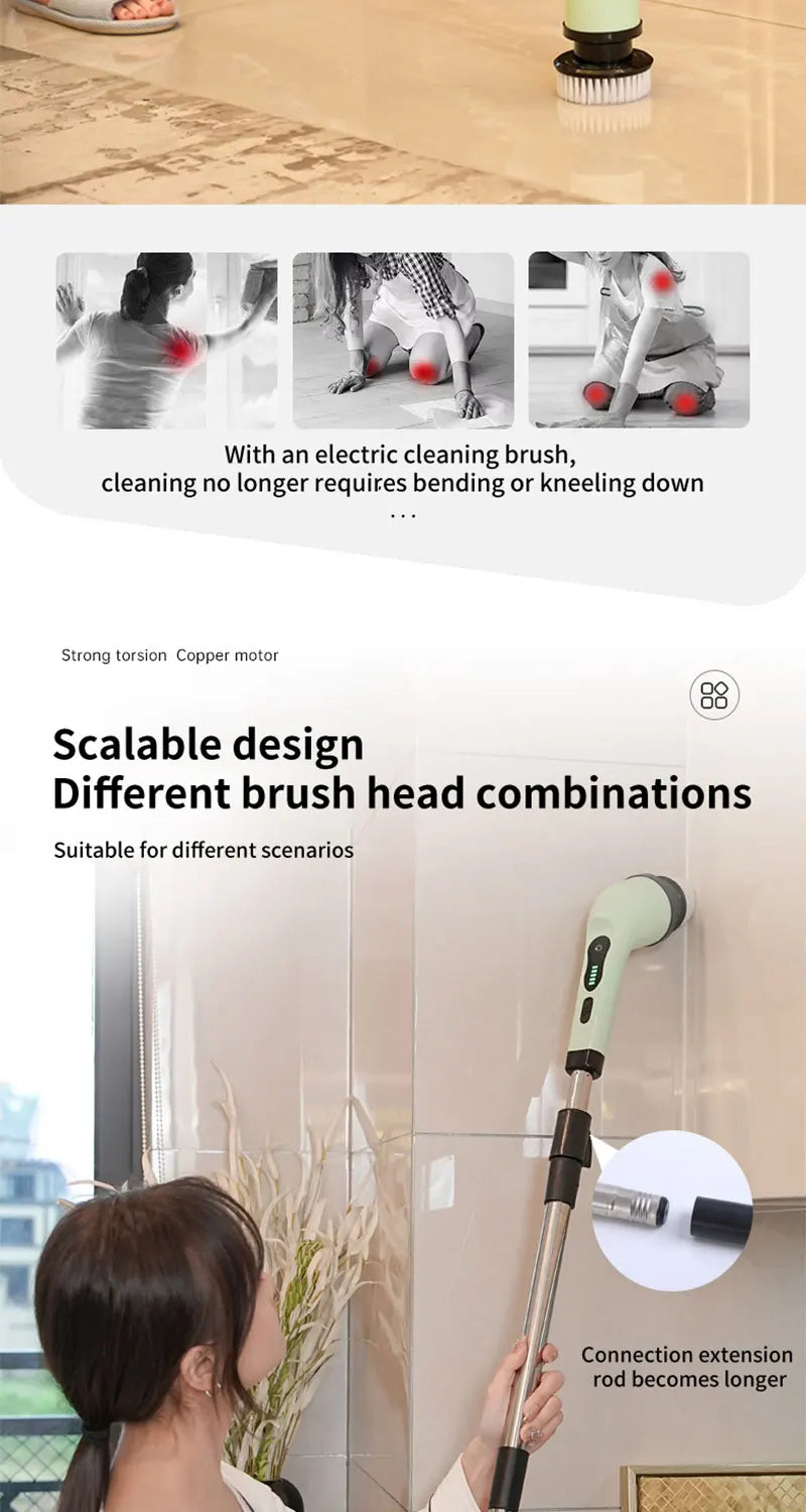 A person is using an electric cleaning brush with a long handle and various brush heads on a glass surface.