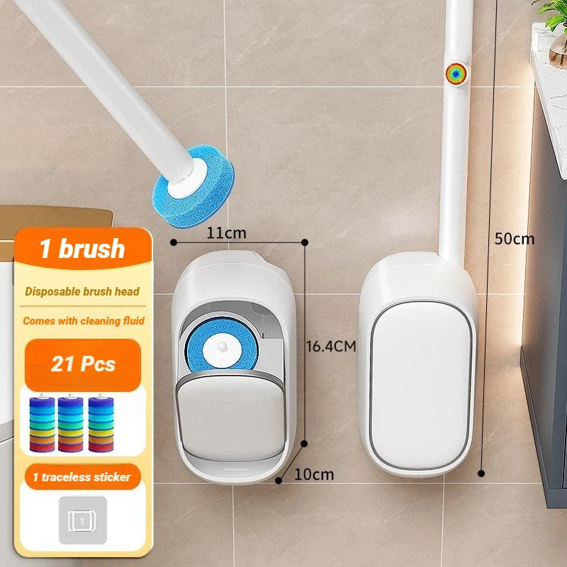 Kit de brosse pour toilette jetable : tête, fluide nettoyant et manche.