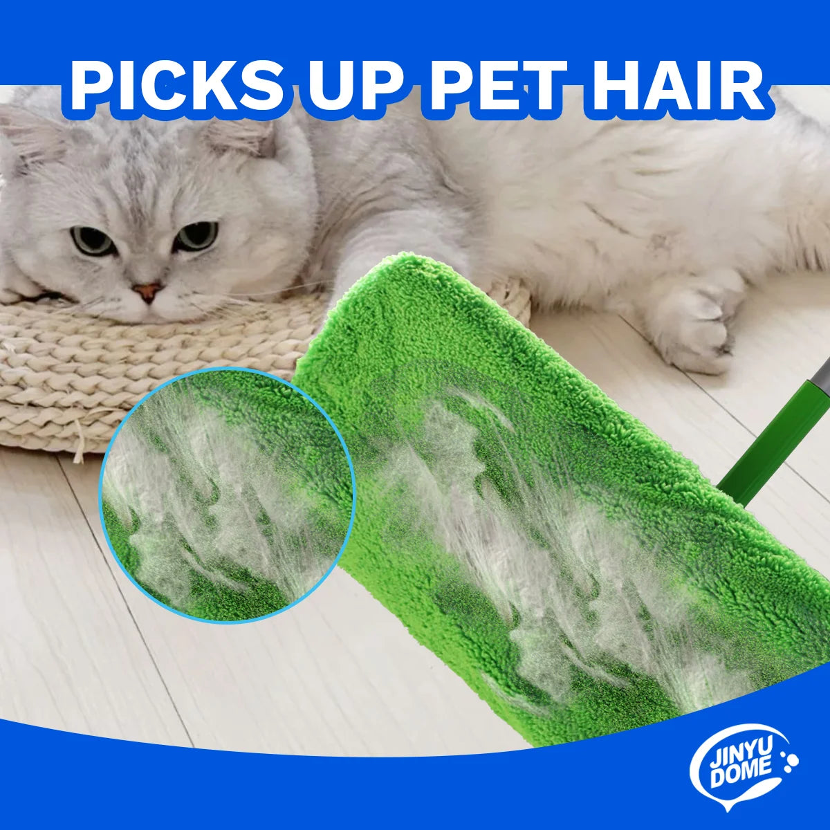 A green reusable microfiber mop pad is shown next to a cat, demonstrating pet hair pickup for floor cleaning.