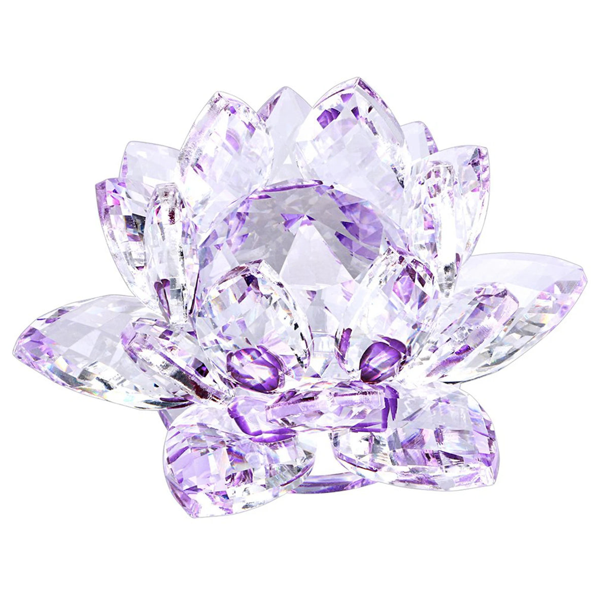 A clear crystal lotus flower centerpiece with purple and pink facets.