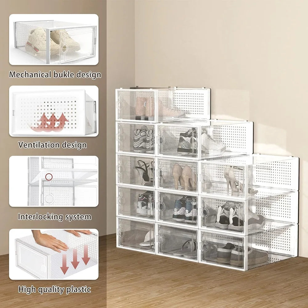 A stack of transparent shoe storage boxes featuring mechanical buckles, ventilation, and an interlocking system made of high-