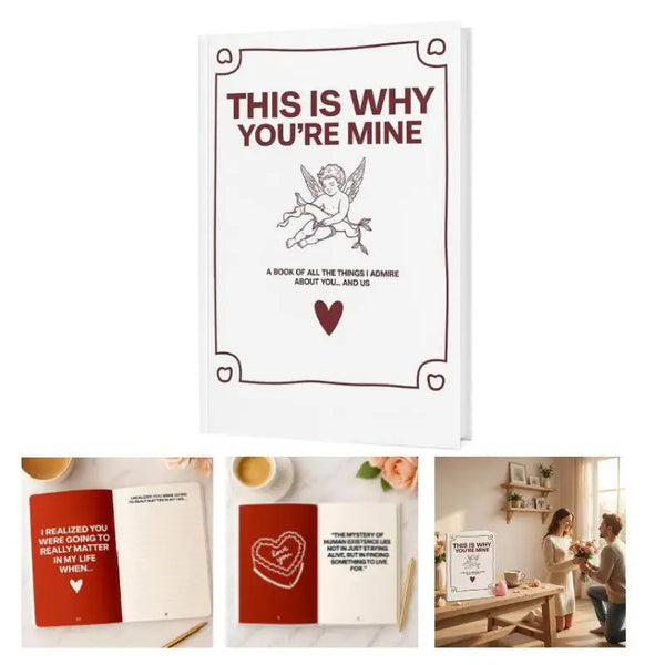 A keepsake journal with the title This Is Why You're Mine featuring a design of a dove and heart.
