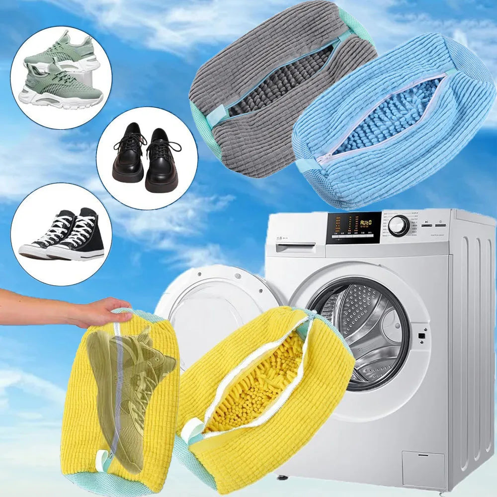 A collection of mesh shoe wash bags in gray, blue, and yellow are shown next to a washing machine.