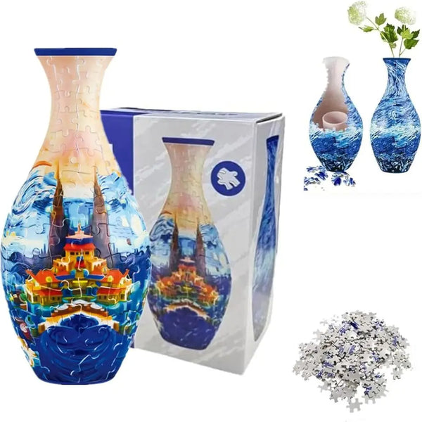 A set of 160 curved plastic 3D puzzle vases in blue and white, including a bottle shape and a flower arrangement.