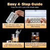 A four-step guide showing how to make whiskey ice cubes from a mold, including rinsing, freezing, removing cubes, and enjoyin