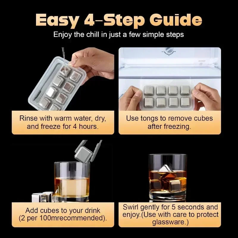 A four-step guide showing how to make whiskey ice cubes from a mold, including rinsing, freezing, removing cubes, and enjoyin