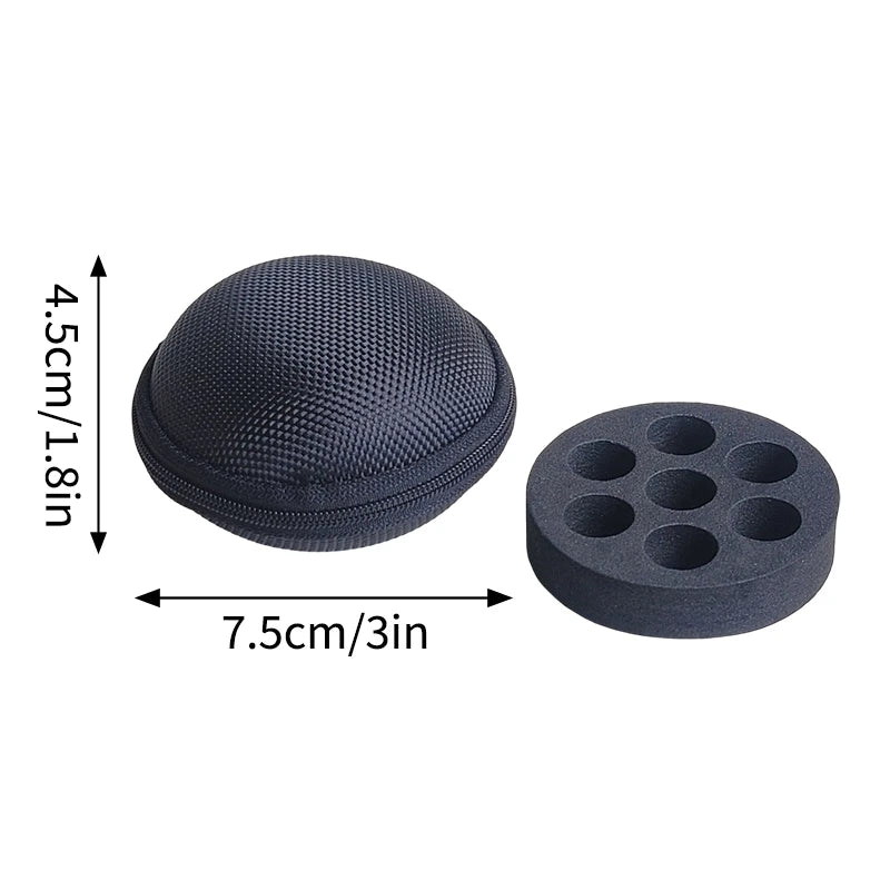A black portable peptide storage case with a textured top and a circular base featuring multiple storage holes.