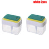 Two white portable press-type liquid soap dispensers with green foam pads and yellow seals.