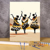 A painting featuring three stylized women in traditional attire against a light background.