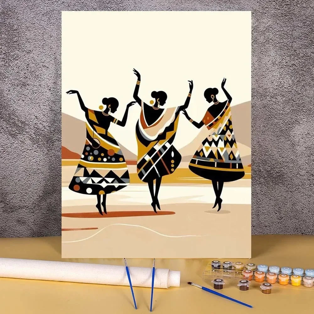 A painting featuring three stylized women in traditional attire against a light background.