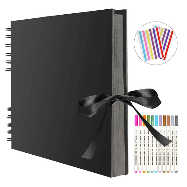 A black DIY Kraft photo scrapbook album with a black ribbon tied on, showing colorful paper strips.