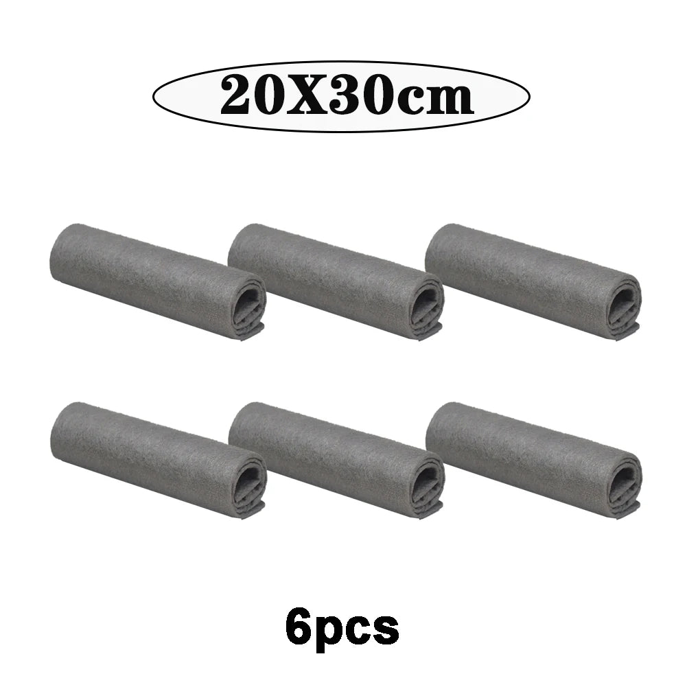 Six rolls of gray thickened microfiber cleaning cloths, measuring 20x30cm each.