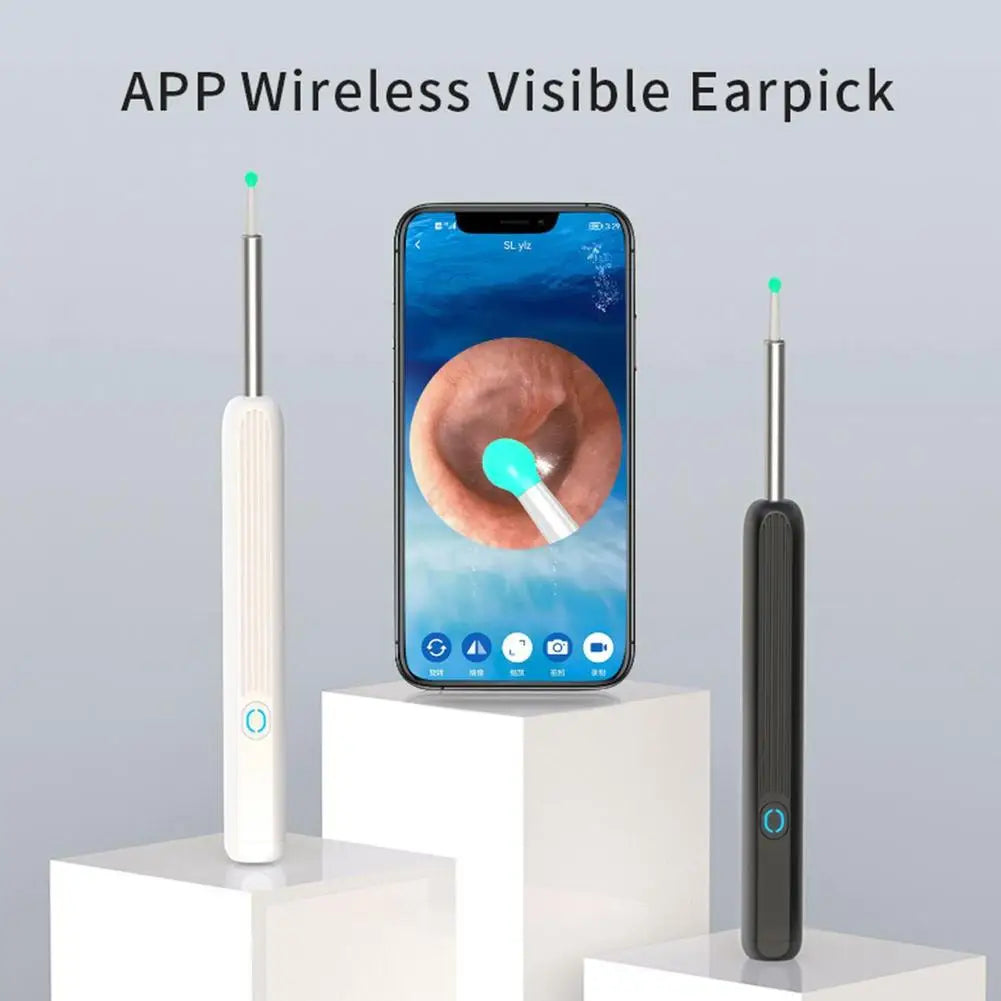 A white and black replacement ear spoon for otoscope cleaning is shown next to a smartphone displaying an ear, highlighting t