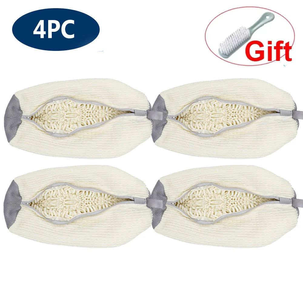Four reusable beige shoe cleaning bags with gray clips shown for gift