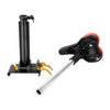 A black adjustable folding seat for electric scooters with a silver pole and orange accents.