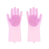 A pair of pink silicone dishwashing gloves with textured palms and fingers.