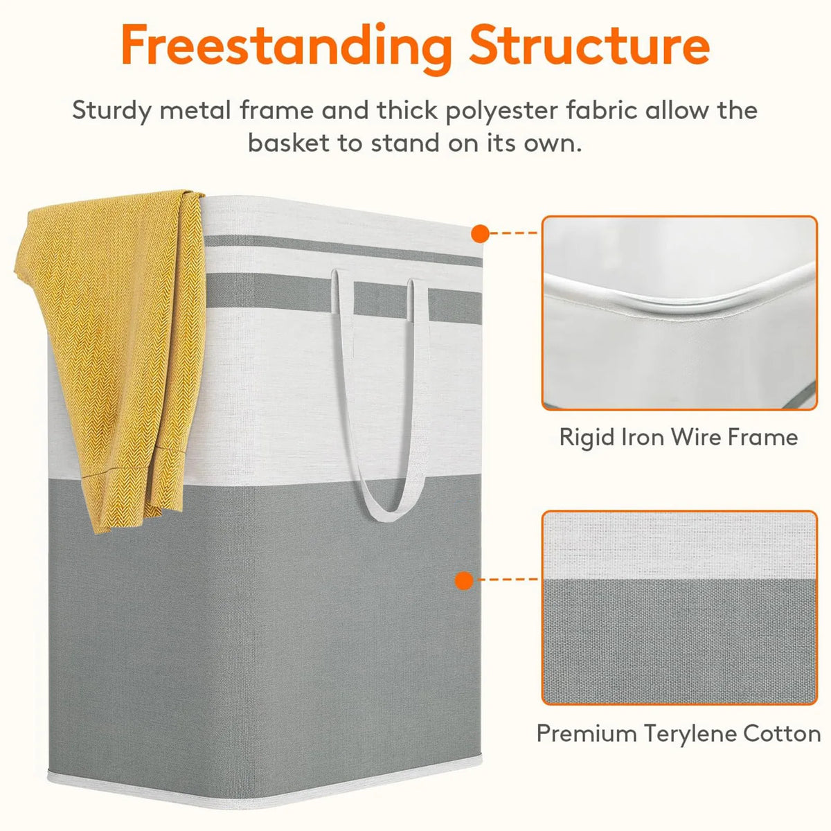 A large foldable canvas laundry hamper in gray and white with a yellow towel inside, showing its sturdy structure.