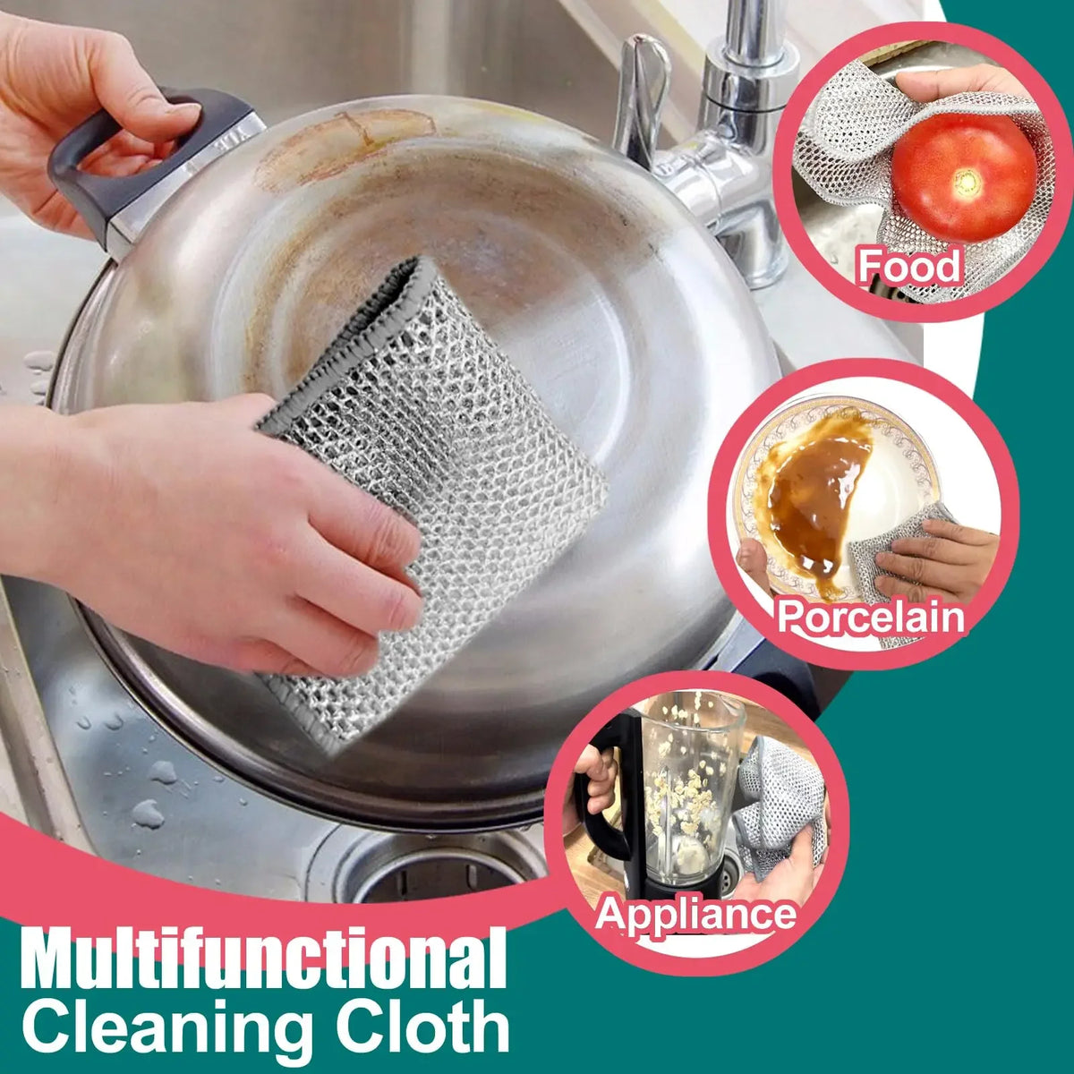 Eine Hand benutzt ein multifunktionales Reinigungstuch, um einen Metalltopf in einem Edelstahlgerät zu reinigen.