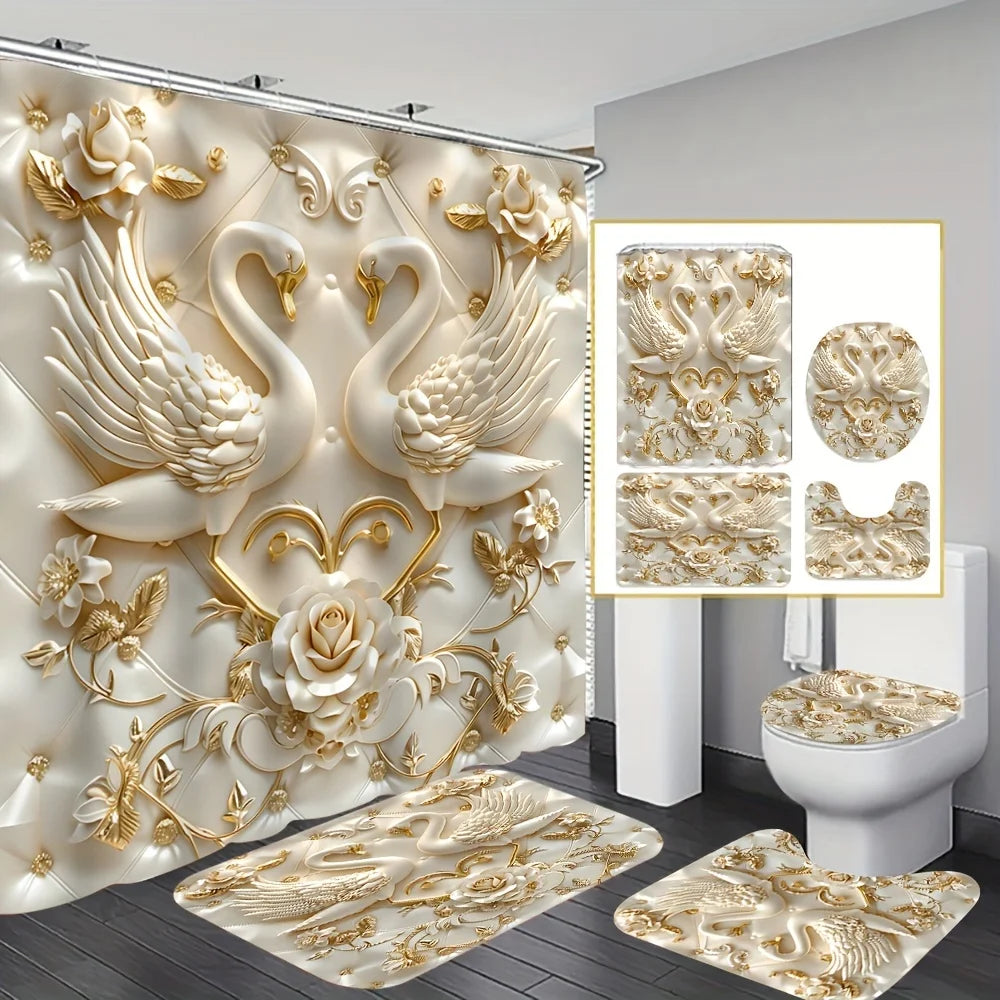 Luxuriöses Blumenset für das Badezimmer mit Wanddekal aus weißen Kranichen und Rosen und Badematten.